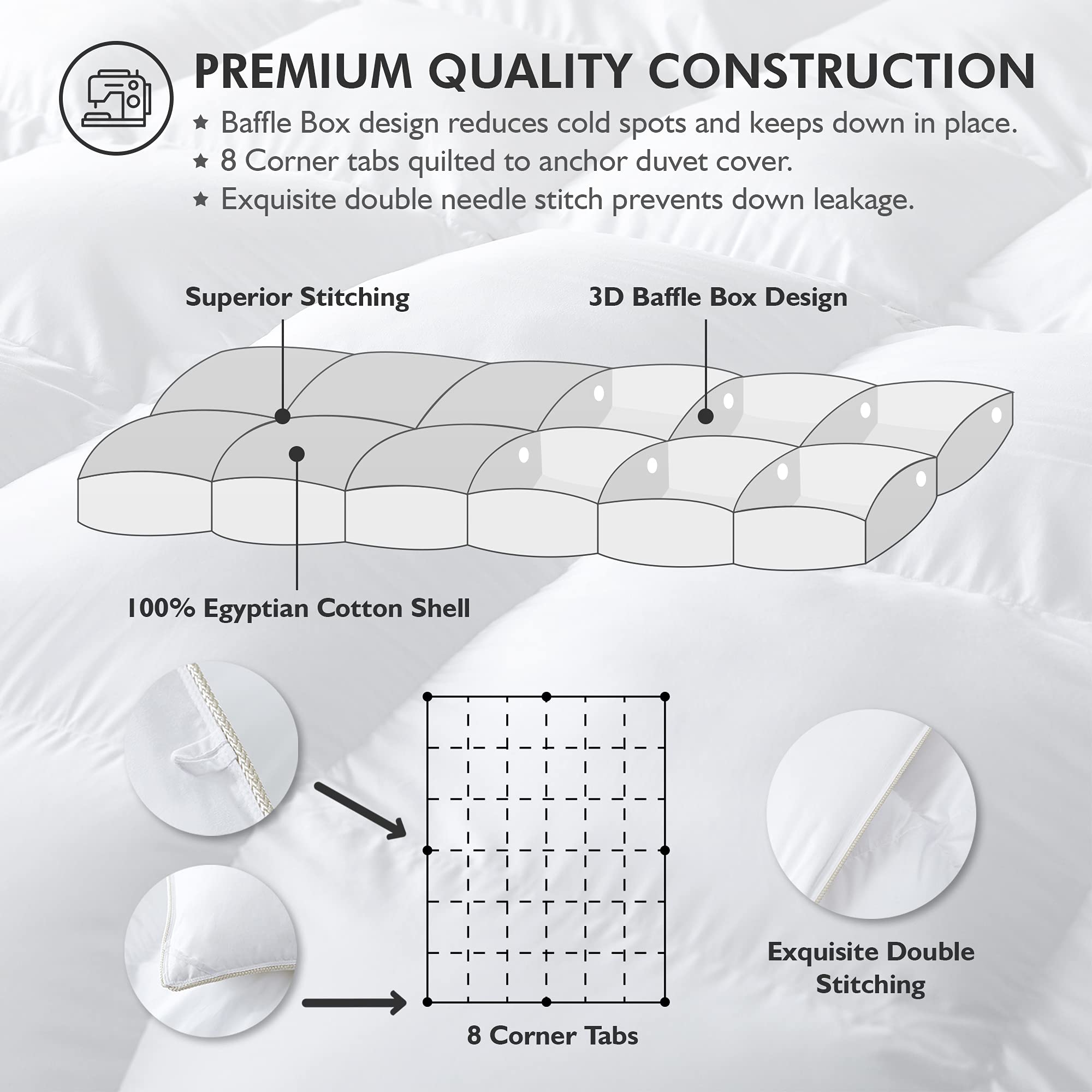 Egyptian Bedding double-needle stitching and rope piping add durability and hotel-grade finish