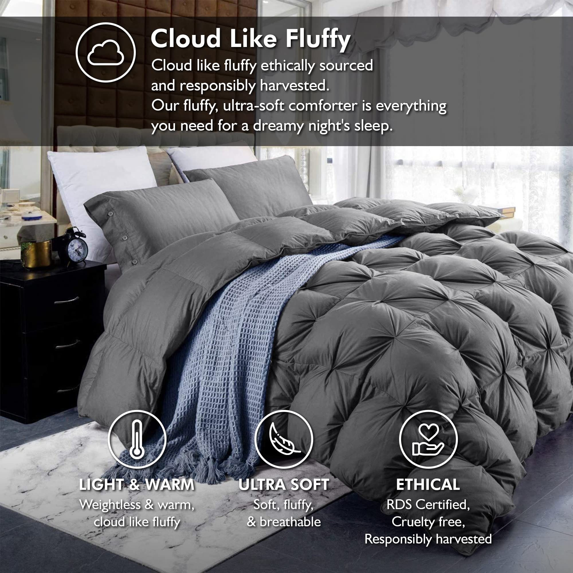 Egyptian Bedding Gray Pinch Pleat design adds elegant style and secure duvet placement