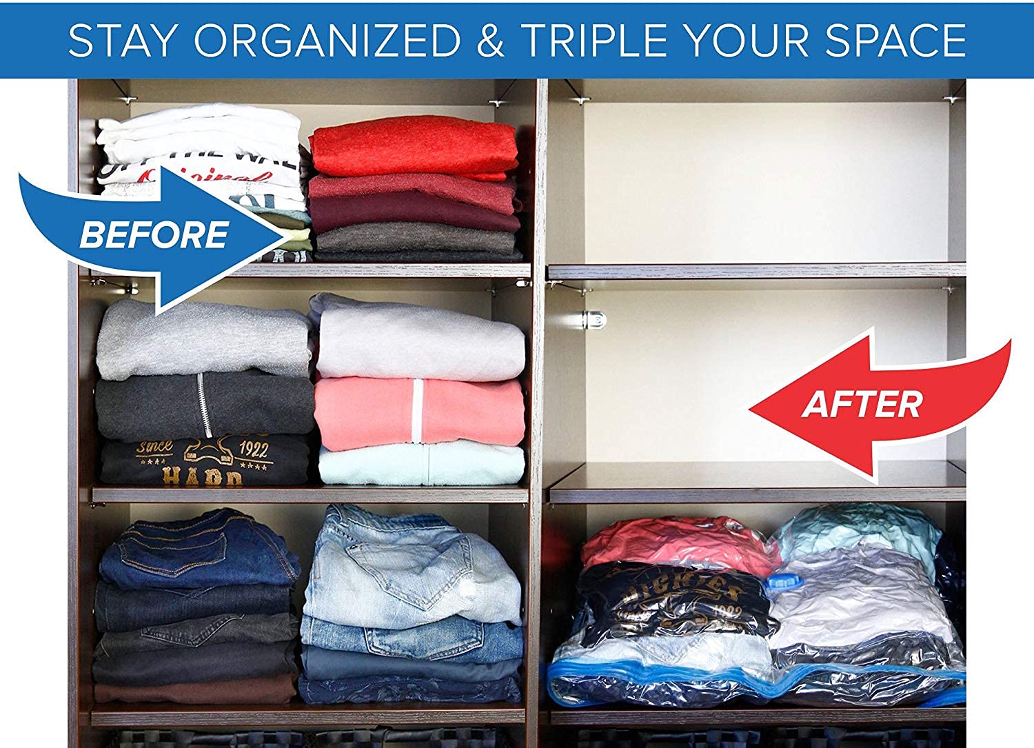 ehomegoods closet storage scene shows bags compressing garments for space