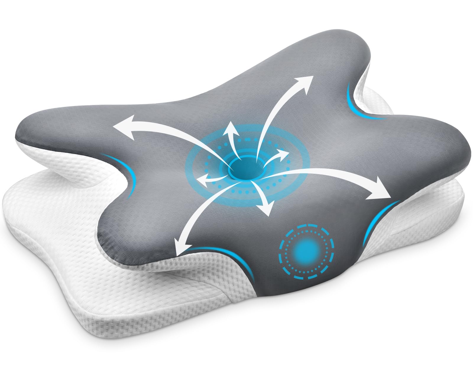 Ehomfory cervical neck pillow in gray showing shoulder alignment and comfortable silhouette.
