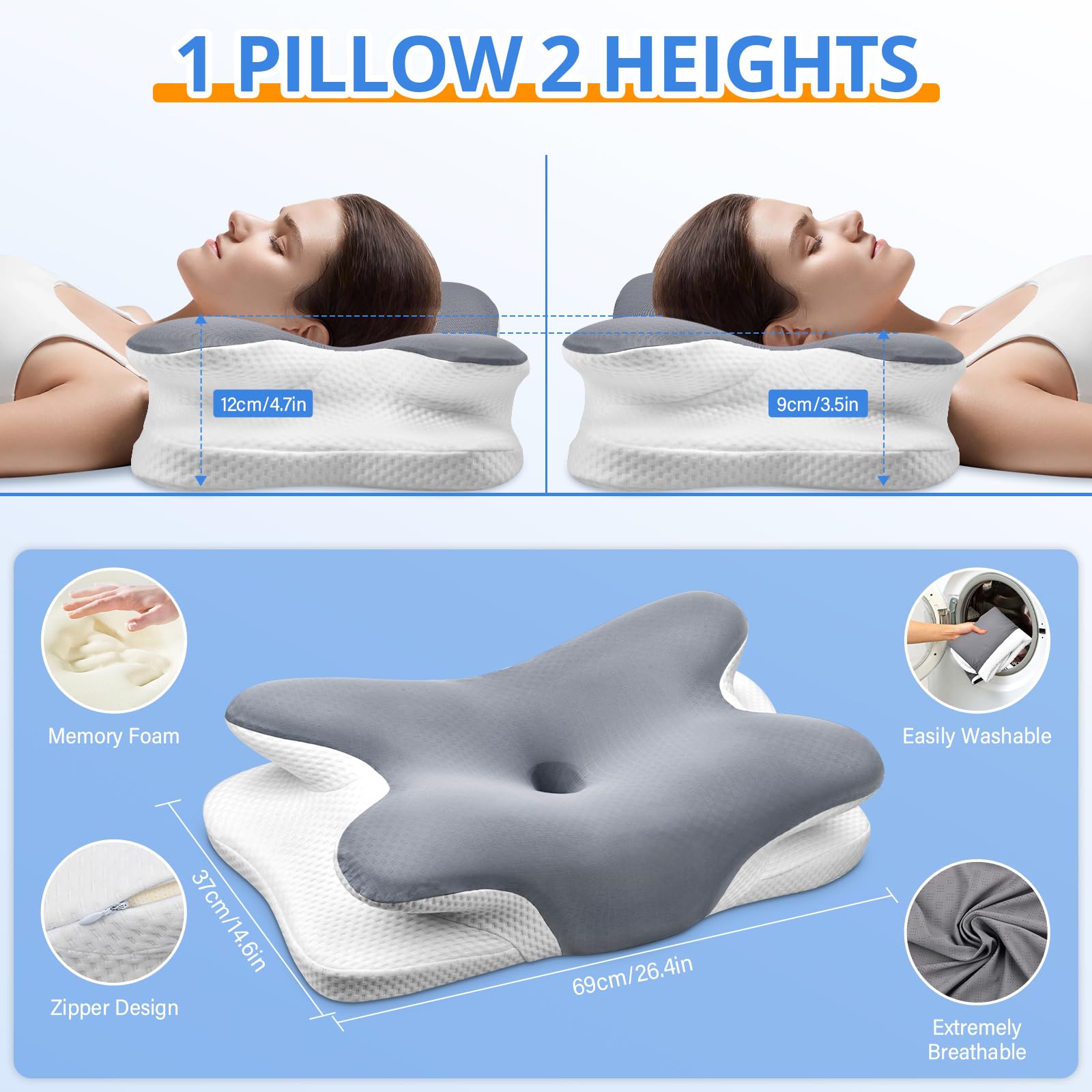 Ehomfory pillow with five contour zones designed to cradle neck and shoulders.