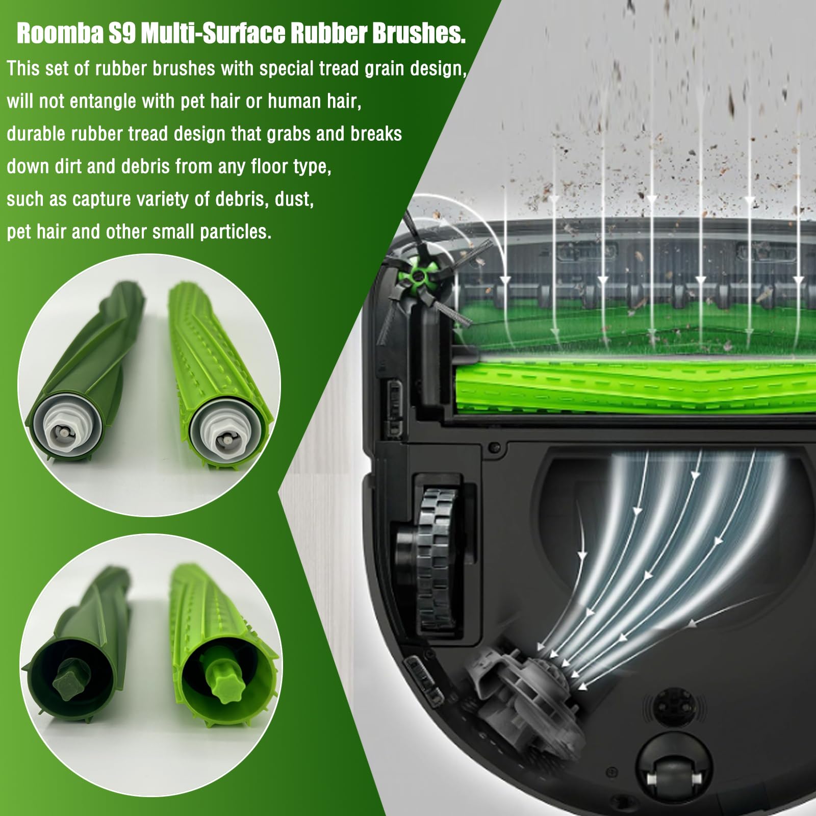 Close-up of Eifrthe Roomba s9 rubber tread roller for thorough dirt agitation