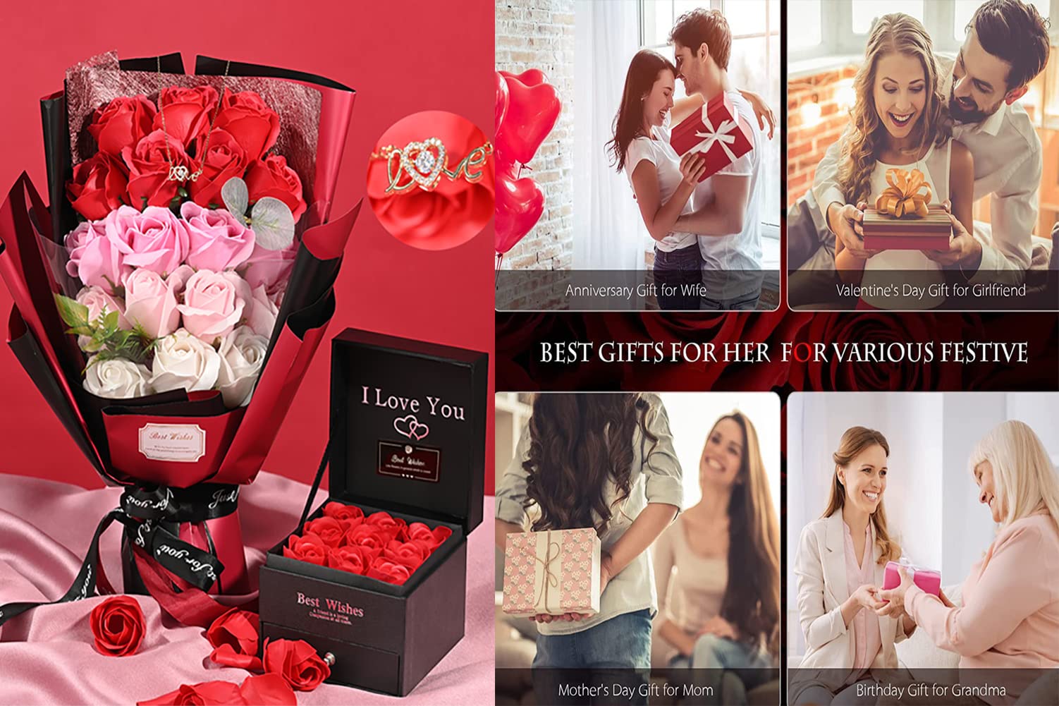 EIGHTOWN unboxing moment with necklace and bouquet in premium packaging
