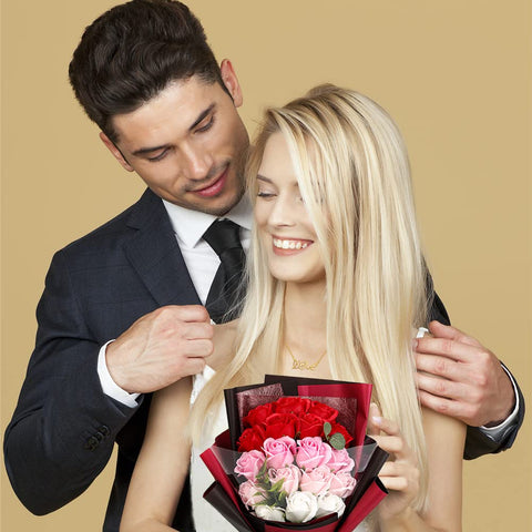 EIGHTOWN rose bouquet displayed on a shelf with romantic styling