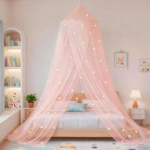 Eimilaly bed canopy with pink glow-in-the-dark stars creates a magical bedtime ambiance