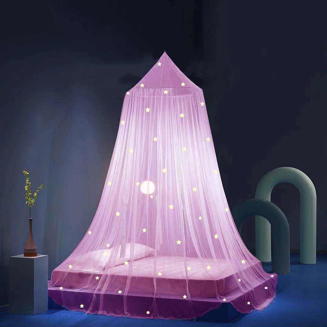 Eimilaly bed canopy with pink stars on dense mesh for breathable protection