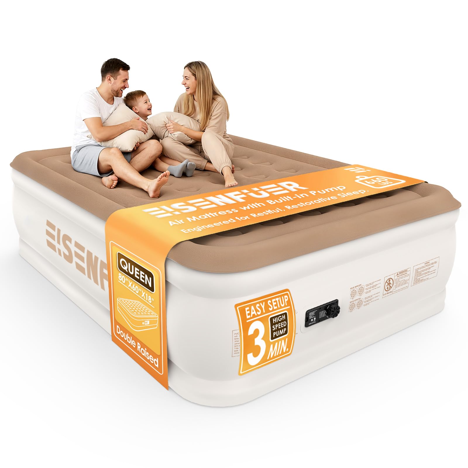 Eisenfuer air mattress queen built-in pump for easy, quick setup.