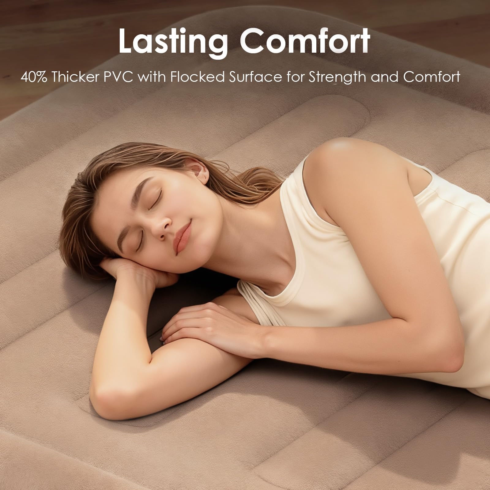 Eisenfuer Queen air mattress with built-in pump dial for quick inflating setup.