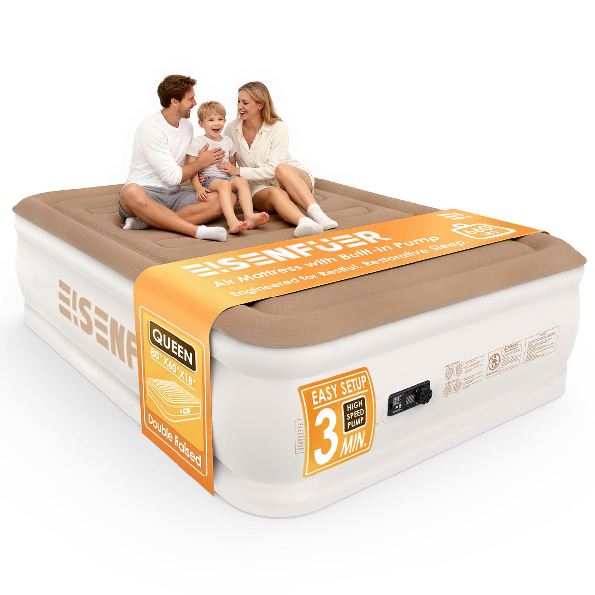 Eisenfuer Queen air mattress top view shows a stable, bed-like sleeping surface for guests.