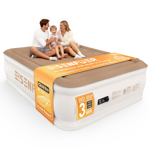 Eisenfuer Queen air mattress top view shows a stable, bed-like sleeping surface for guests.