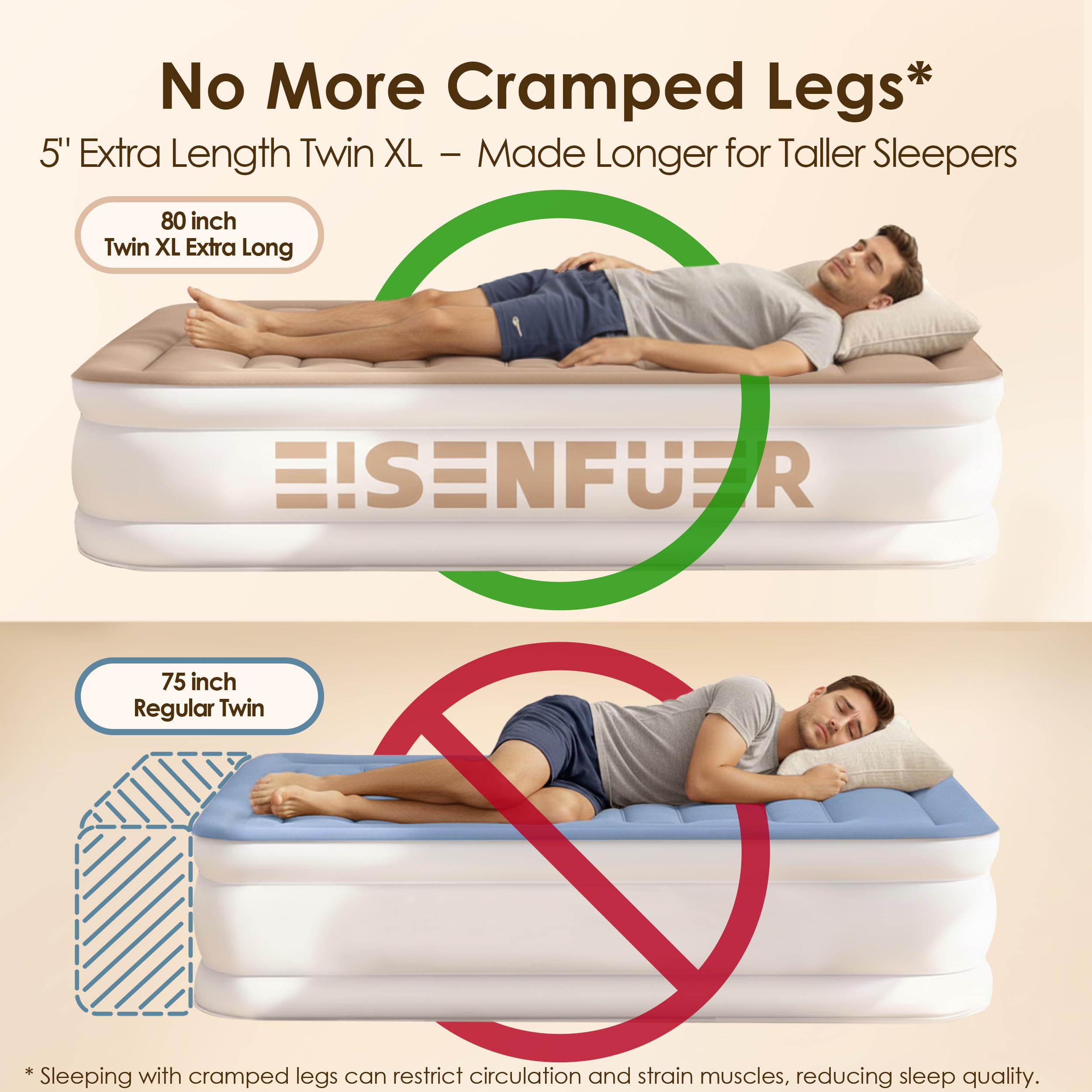 EISENFUER Twin XL air mattress 18-inch raised height offers bed-like comfort.
