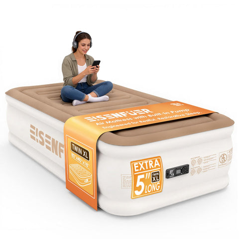 EISENFUER Twin XL air mattress with built-in pump inflates quickly for guests.