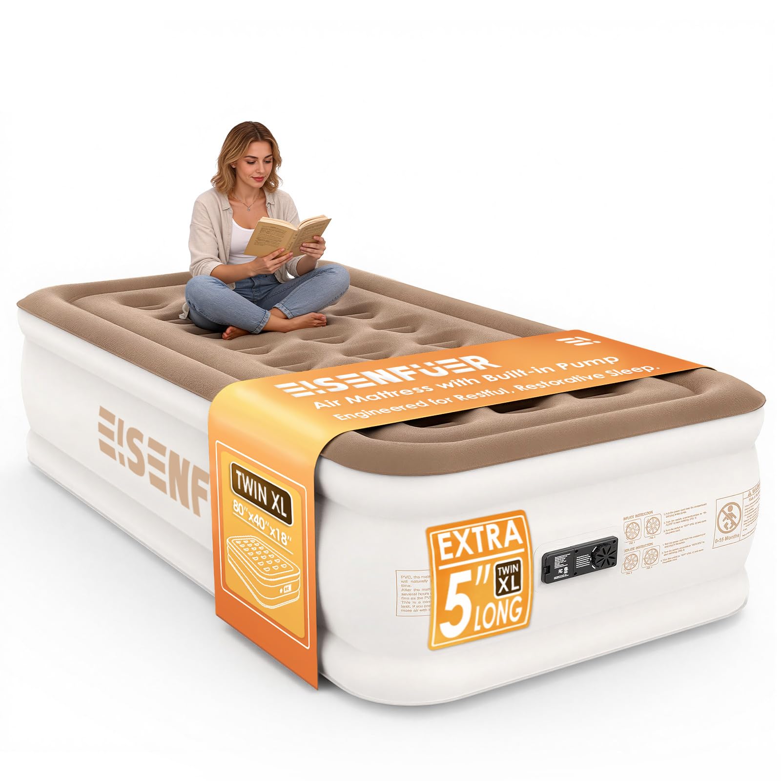 EISENFUER twin-xl air mattress with built-in pump for fast setup