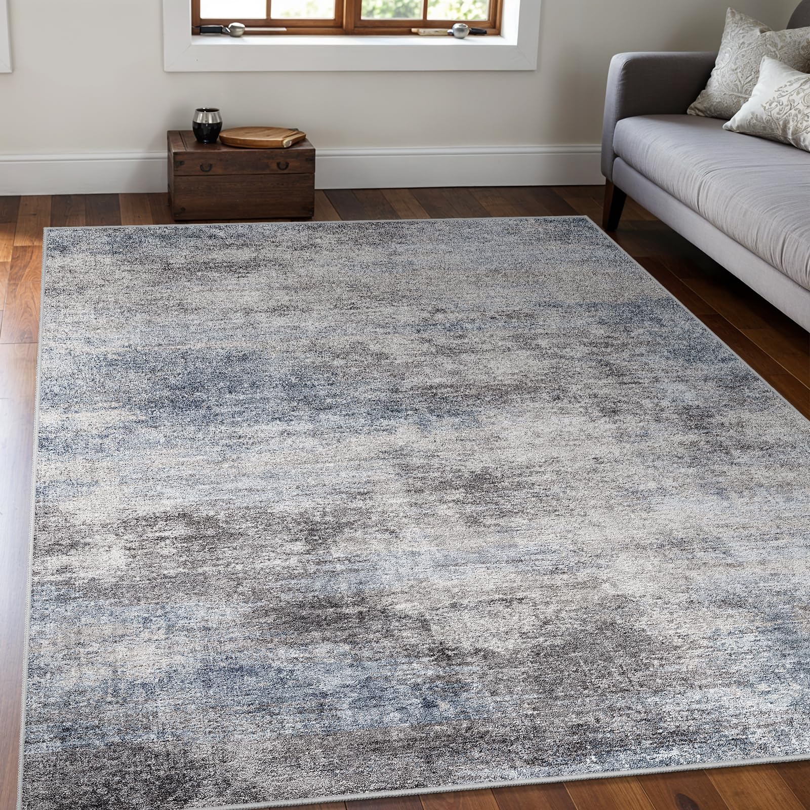 EISUROM washable abstract 5x7 rug in blue-grey for living rooms