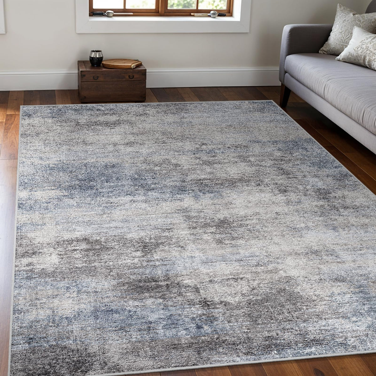 EISUROM washable abstract 5x7 rug in blue-grey for living rooms