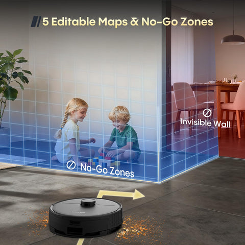 eitton robot vacuum with no-go zones helps keep play areas safe.