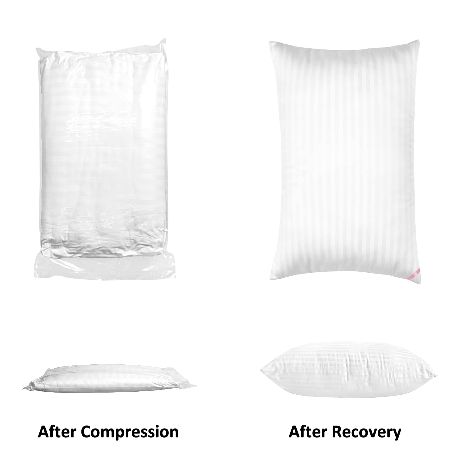 Vacuum-sealed packaging includes two pillows ready to fluff after opening.