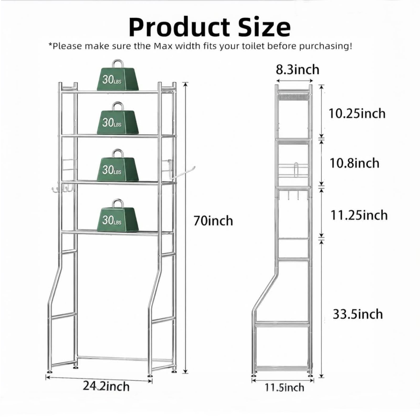 Ekisemio four-tier shelves over toilet offer towels and toiletries space.