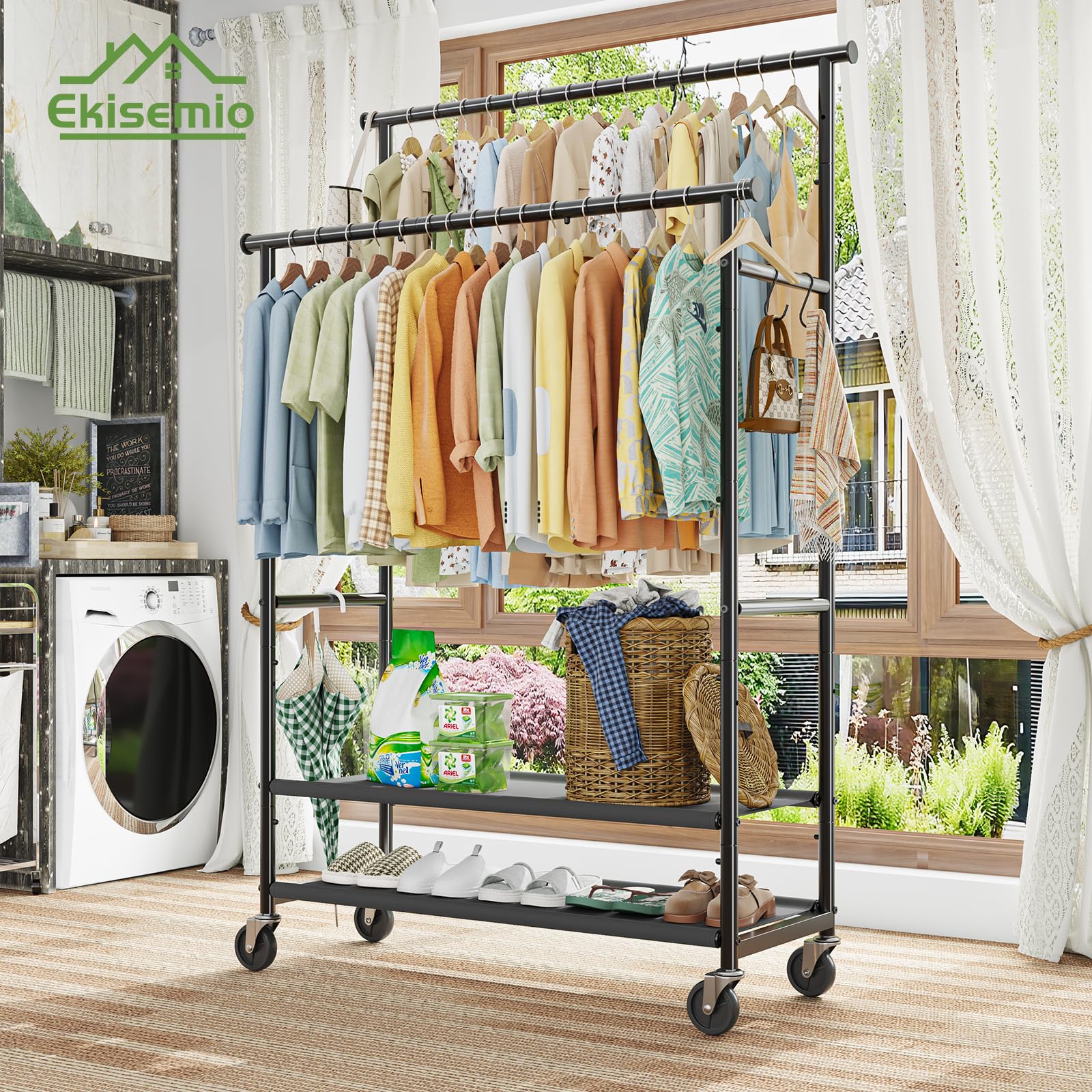Ekisemio black finish highlights a sleek, durable clothes rack.