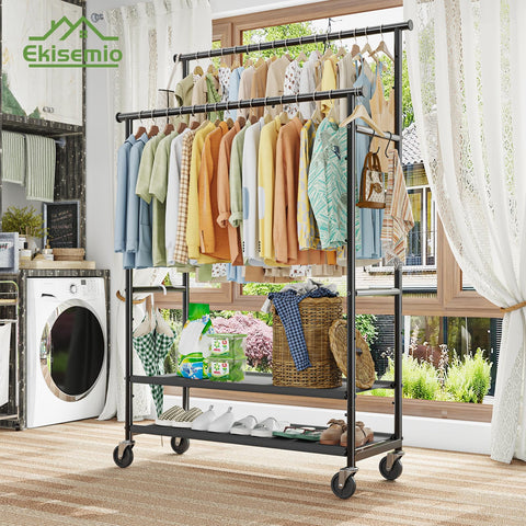 Ekisemio black finish highlights a sleek, durable clothes rack.