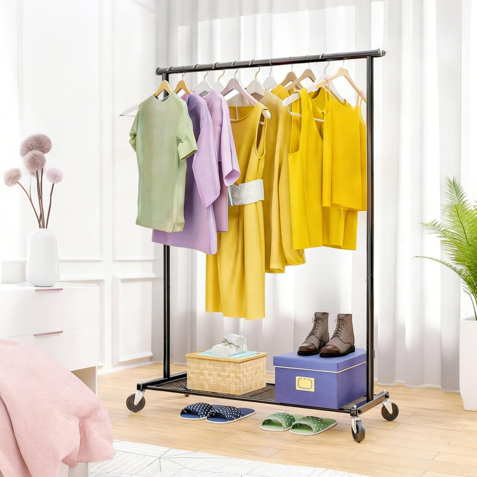Ekisemio rack with brake locks keeps the wardrobe fixed in place.