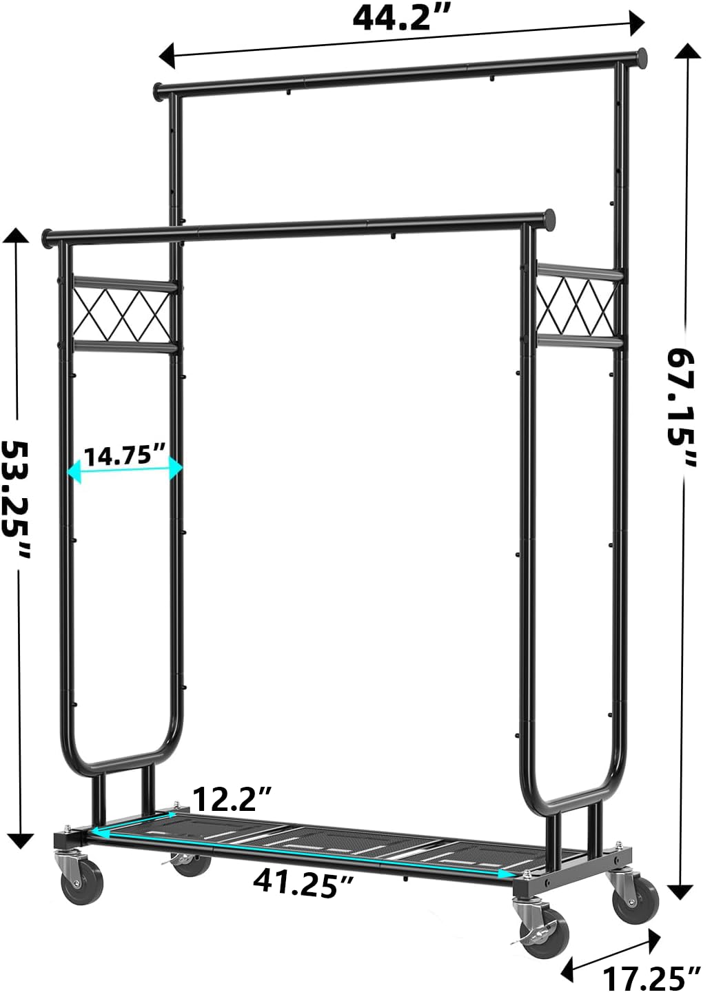 Adjustable shelves support shoes, bins, and garments on the Ekisemio rack.