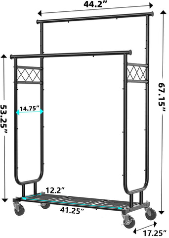 Adjustable shelves support shoes, bins, and garments on the Ekisemio rack.