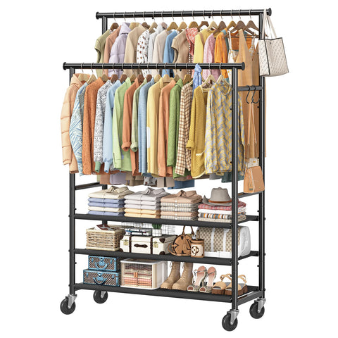 Ekisemio double rods clothes rack base stability shows sturdy support for heavy garments.