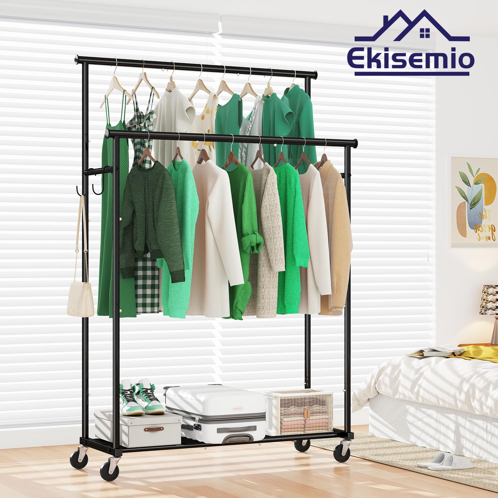 Ekisemio double rods clothes rack front view shows heavy-duty steel frame for 400 lb capacity