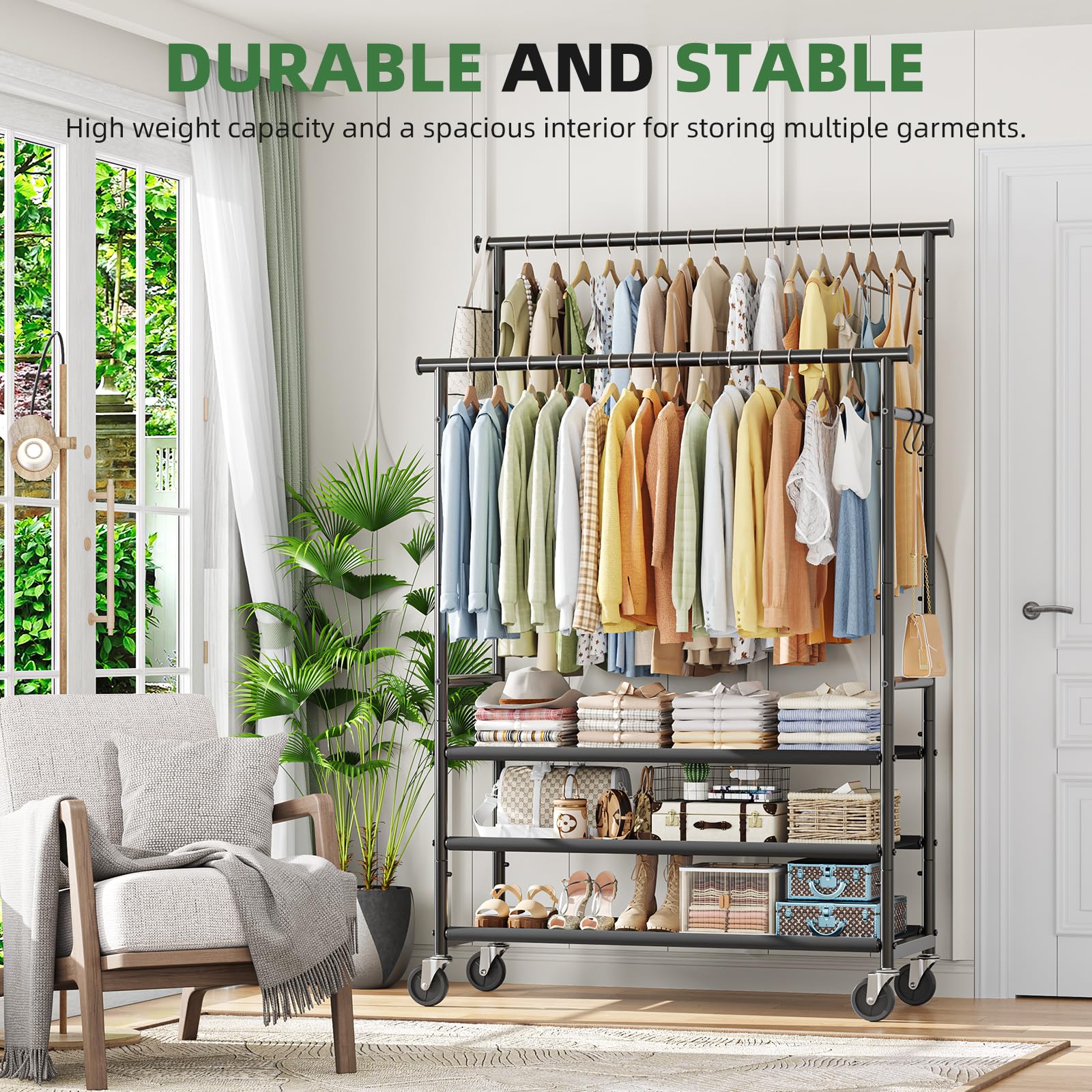 Ekisemio double rods clothes rack two tiers setup saves vertical space for organization.