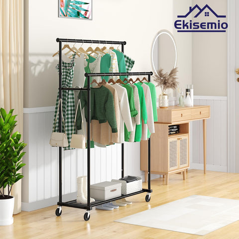 Ekisemio double rods rack with shelves shows bottom storage for shoes or bins