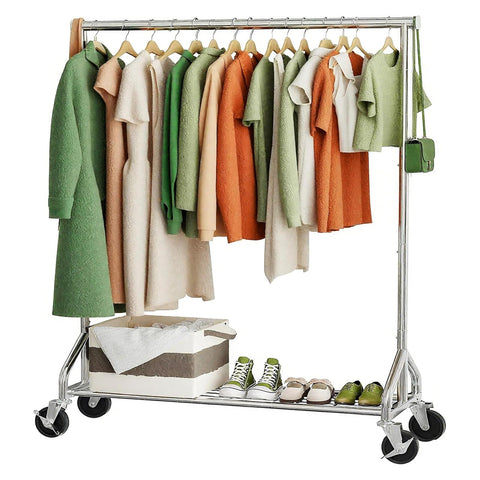 Ekisemio heavy-duty rolling clothes rack shown fully assembled for sturdy closet organization.