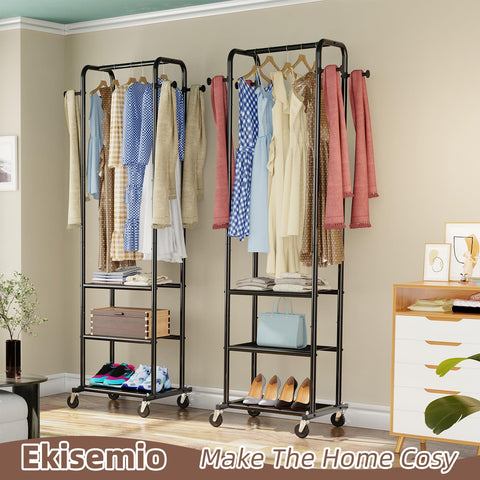 Ekisemio rolling garment rack with three shelves for compact storage