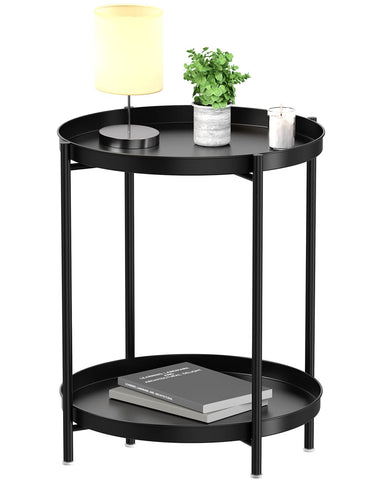 EKNITEY 2 Tier End Table in black with removable tray for versatile living room use.