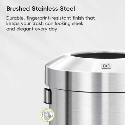 EKO 32-gallon round trash can with carrying handles for easy relocation.
