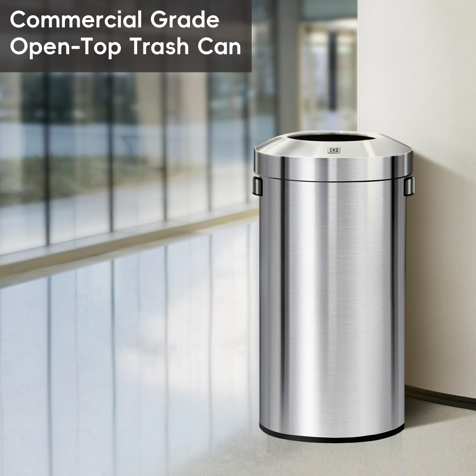 EKO 32-gallon round trash can with detachable lid for easy waste containment.