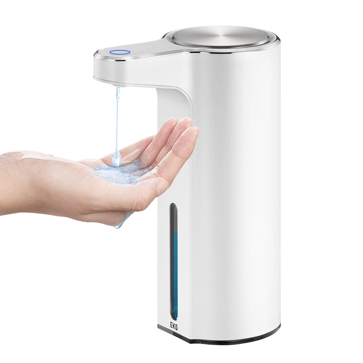 EKO Aroma touchless dispenser front view in white, showcasing sleek design and accessibility