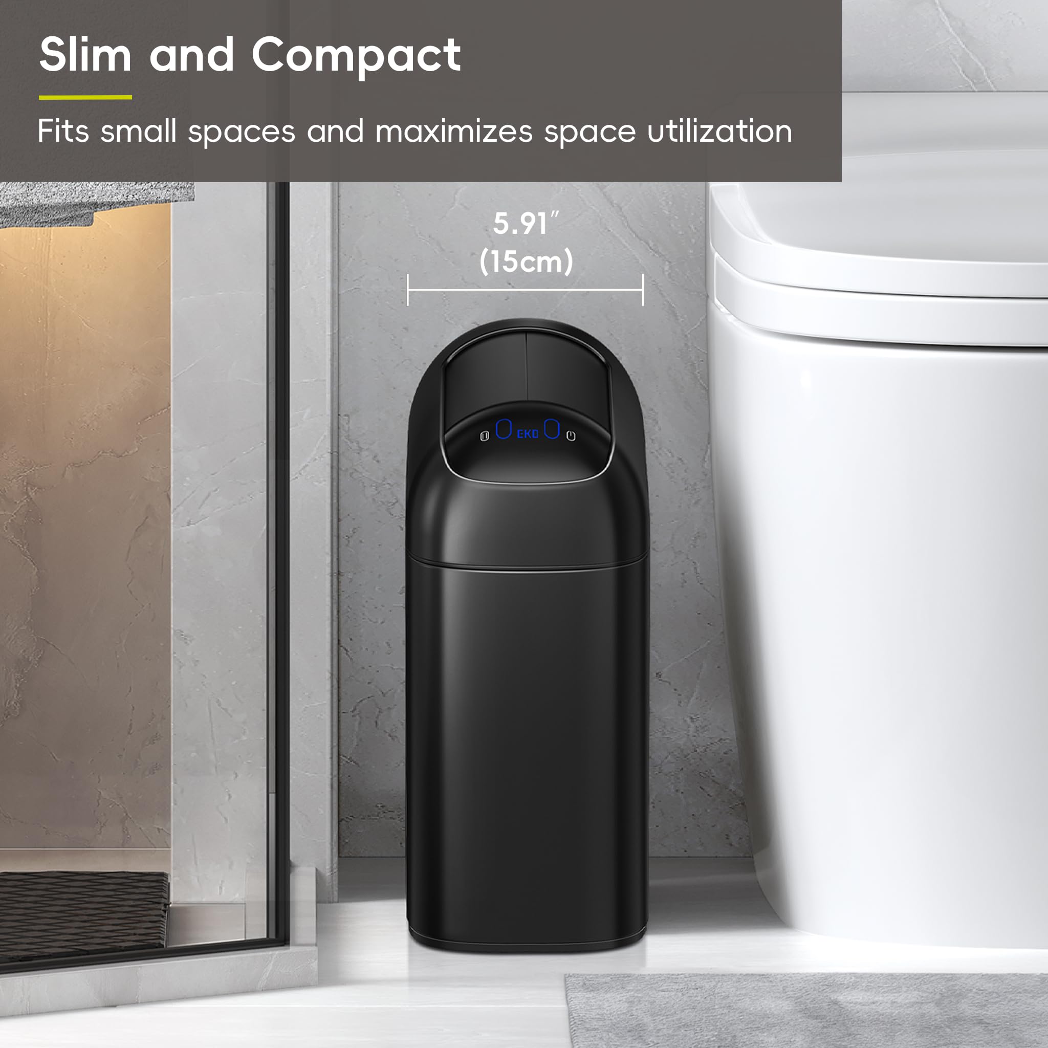 EKO Astro Slim Sensor Trash Can fingerprint-resistant stainless steel stays clean.