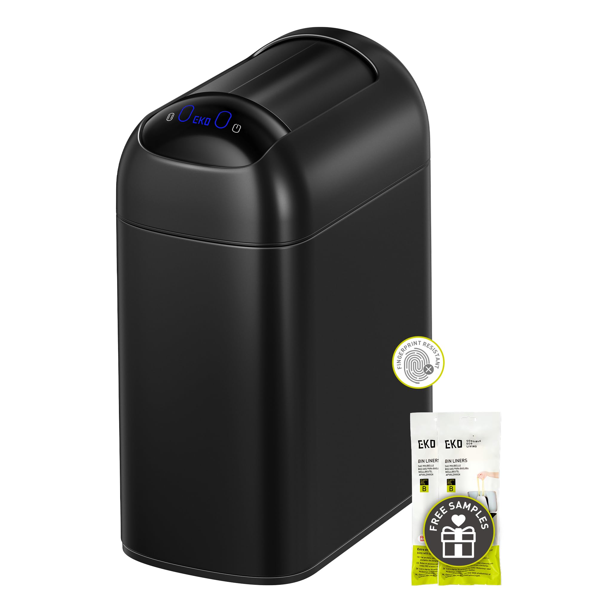 EKO Astro Slim Sensor Trash Can front view showing slim footprint for tight spaces.