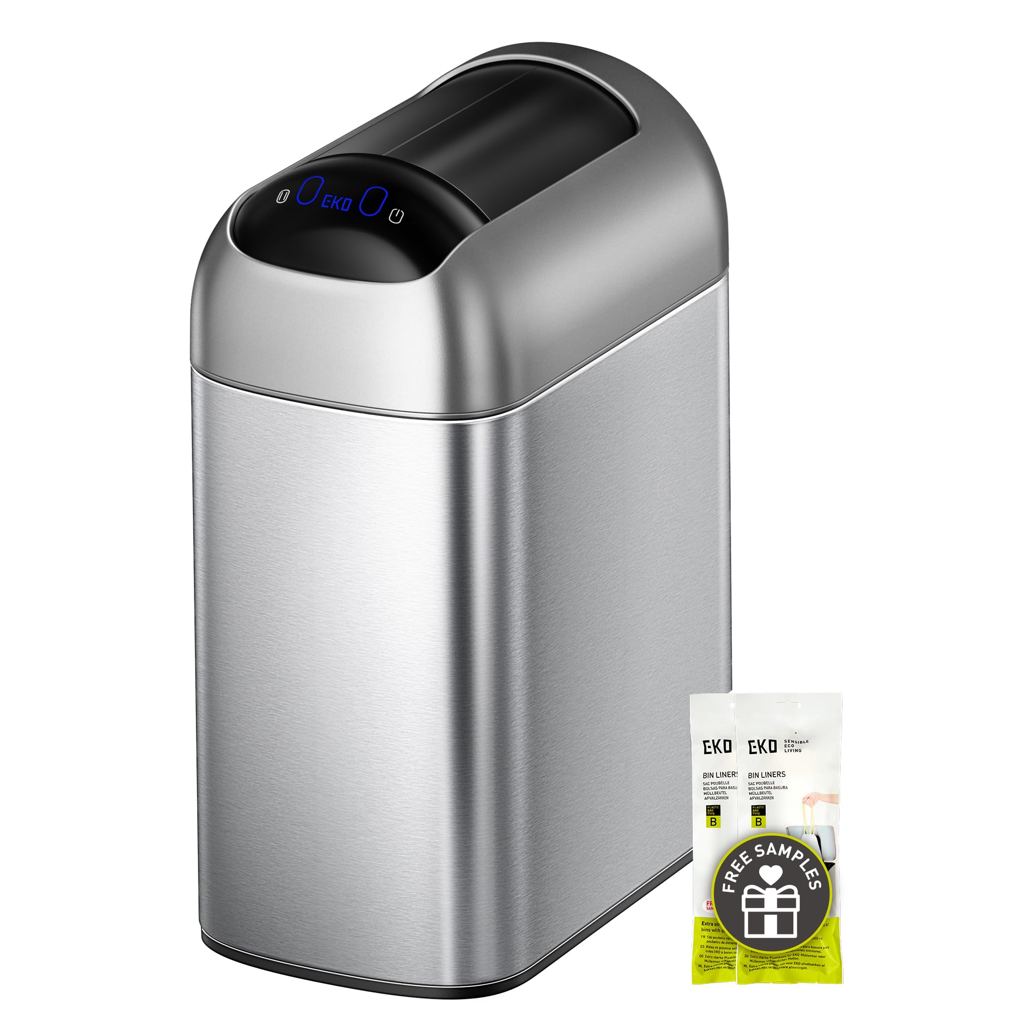 EKO Astro Slim sensor trash can front view highlights its compact, space-saving design for small spaces.