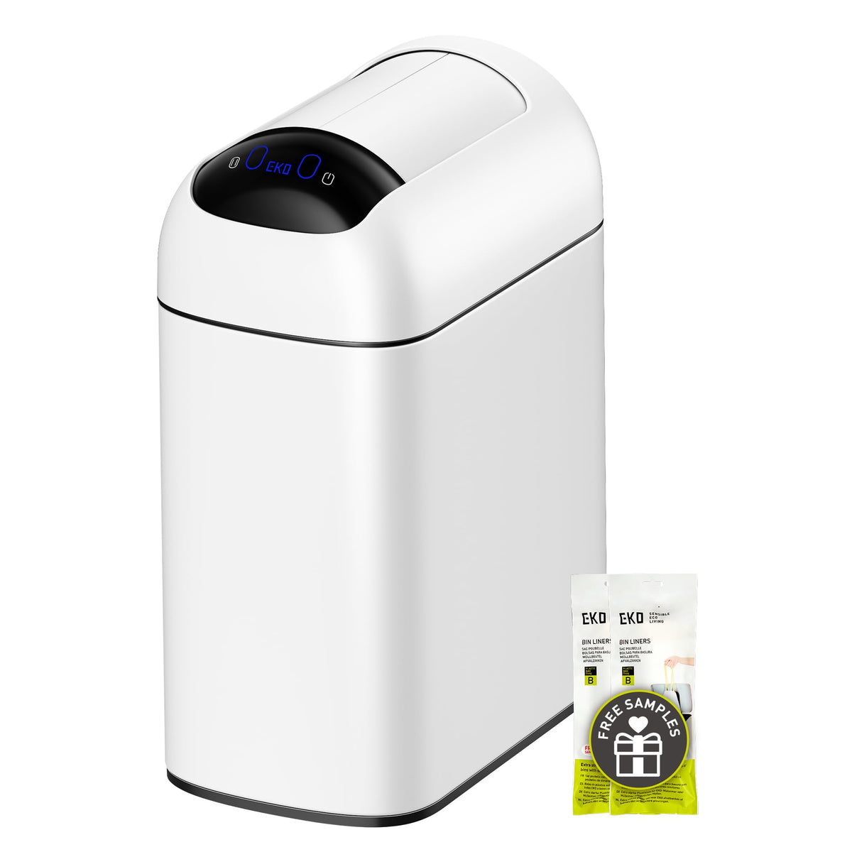 EKO Astro Slim Sensor Trash Can front view, compact 2.6-gallon capacity for tight spaces.