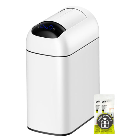 EKO Astro Slim Sensor Trash Can front view, compact 2.6-gallon capacity for tight spaces.