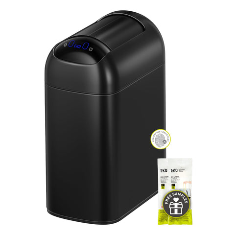 EKO Astro Slim Sensor Trash Can front view showing slim footprint for tight spaces.