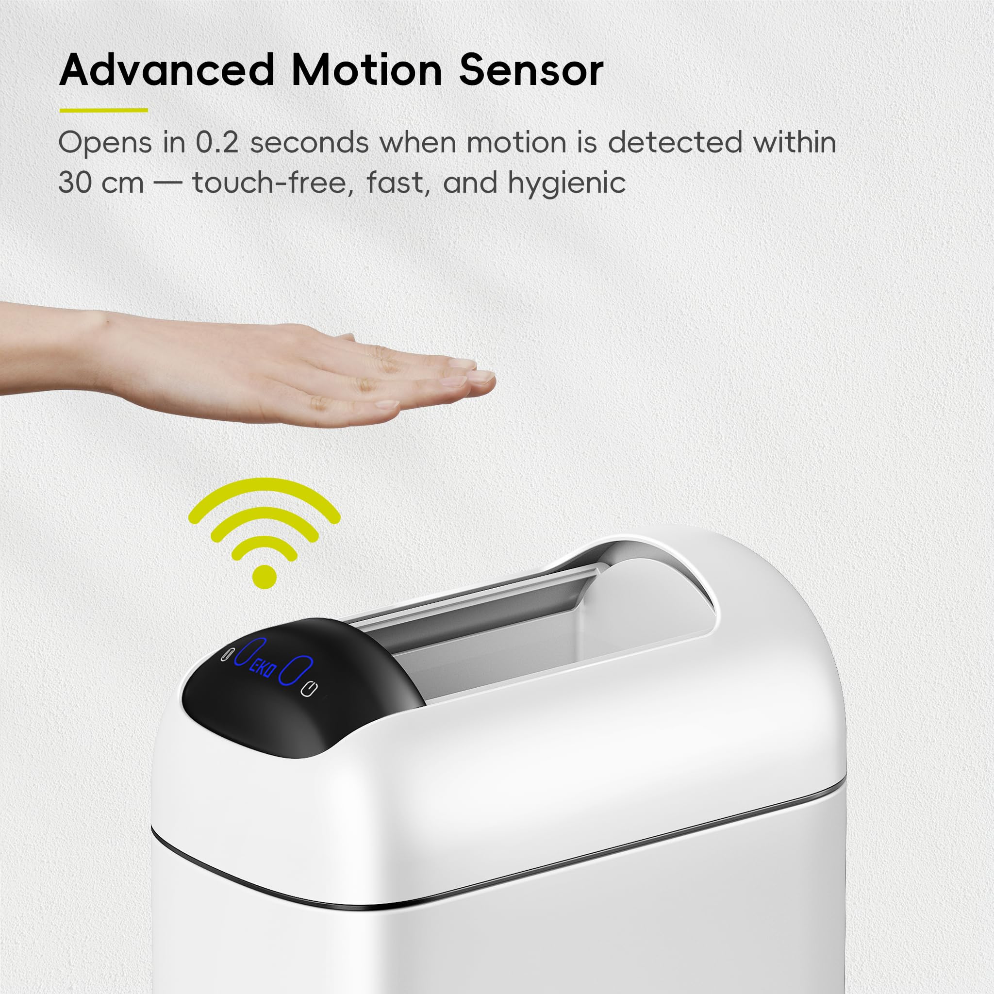 EKO Astro Slim Sensor Trash Can showing built-in liner ring for bags.