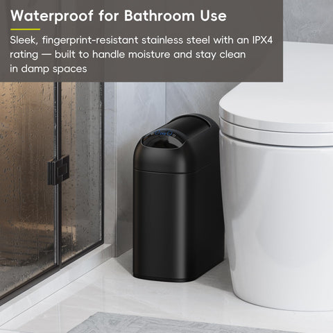 EKO Astro Slim Sensor Trash Can retractable wing lid avoids walls and legs.
