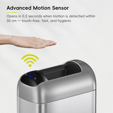 EKO Astro Slim sensor trash can stainless steel finish resists fingerprints and water spots.