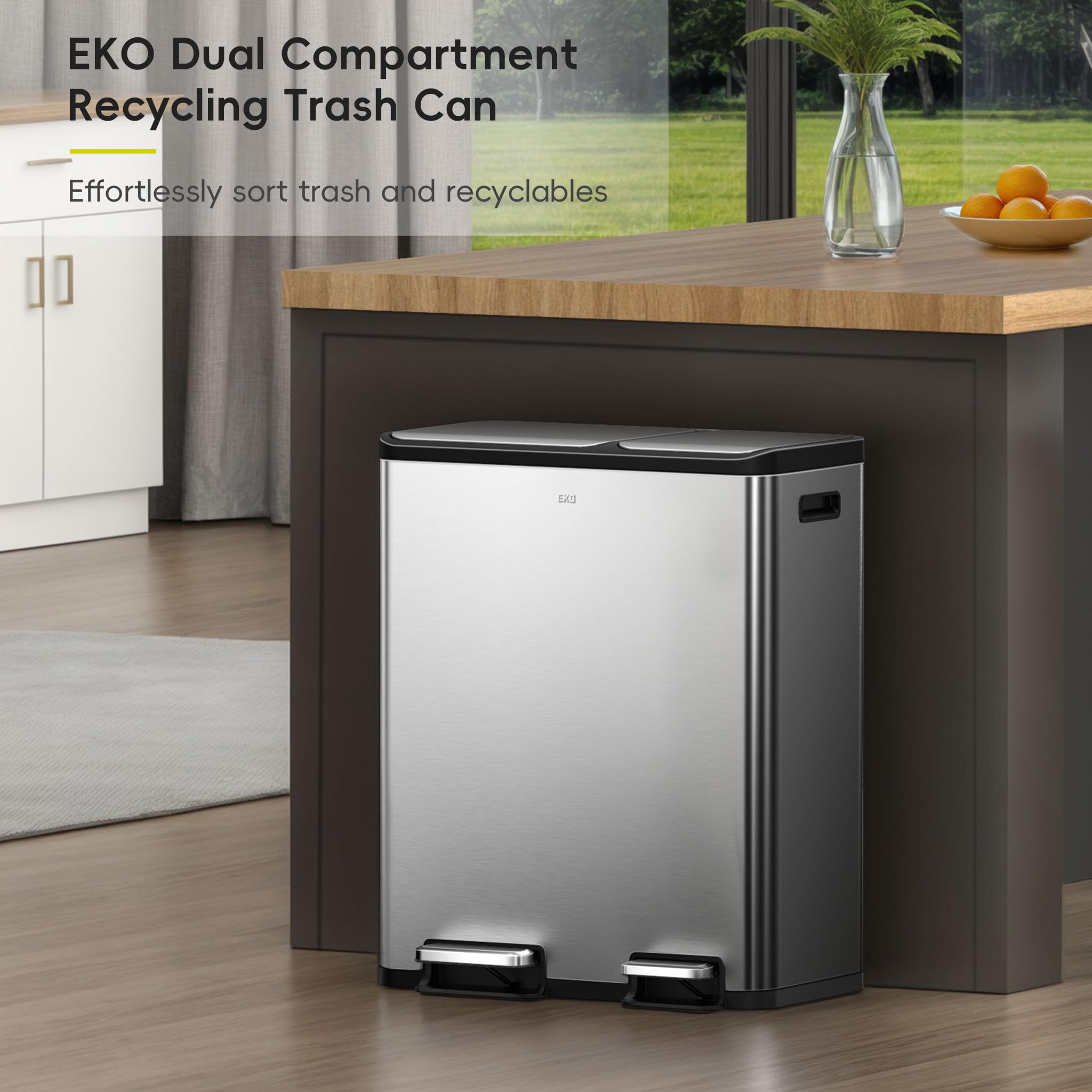 EKO EcoCasa dual compartments pedals side view highlights independent pedals for separate waste streams.