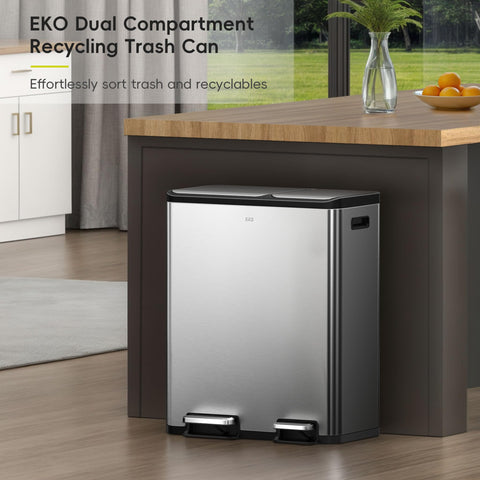 EKO EcoCasa dual compartments pedals side view highlights independent pedals for separate waste streams.