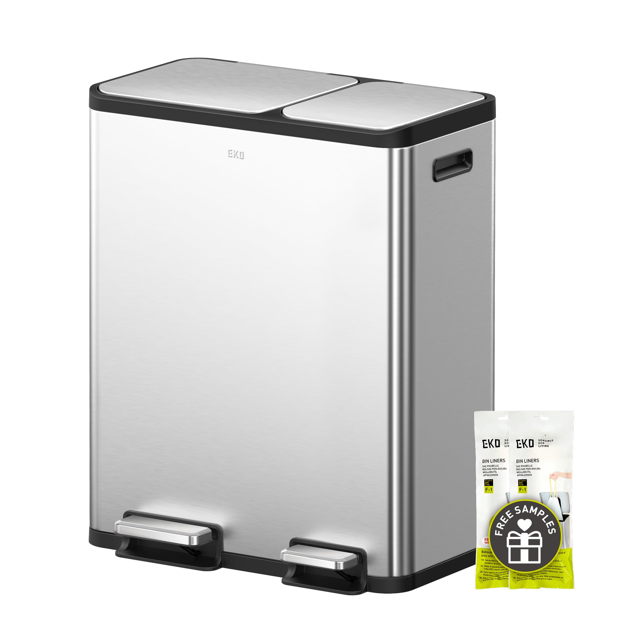 EKO EcoCasa dual-step trash can front view shows two color-coded compartments for easy waste sorting.