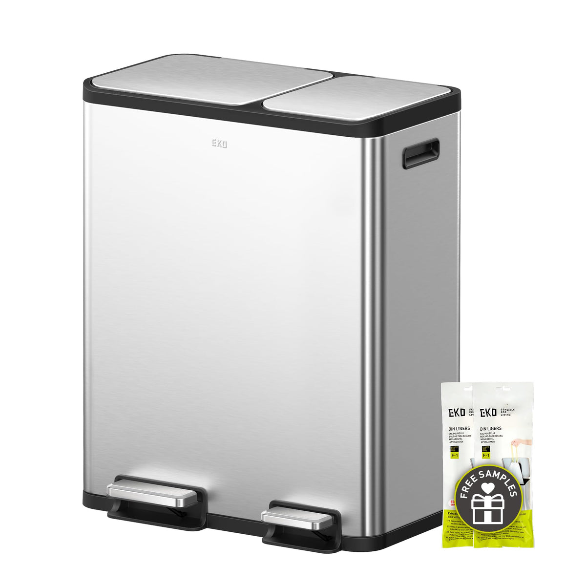 EKO EcoCasa dual-step trash can front view shows two color-coded compartments for easy waste sorting.